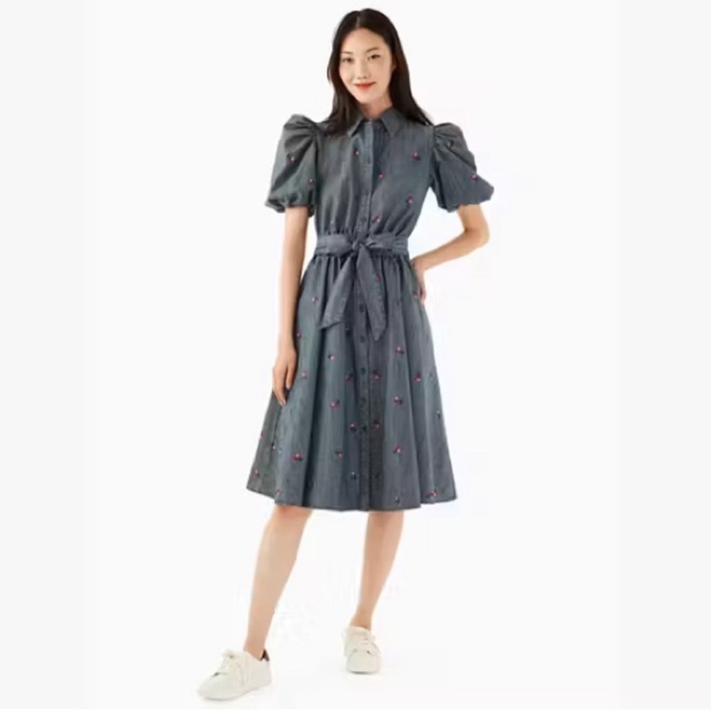 KATE SPADE Blue Denim Embroidered Cherry Midi Dress